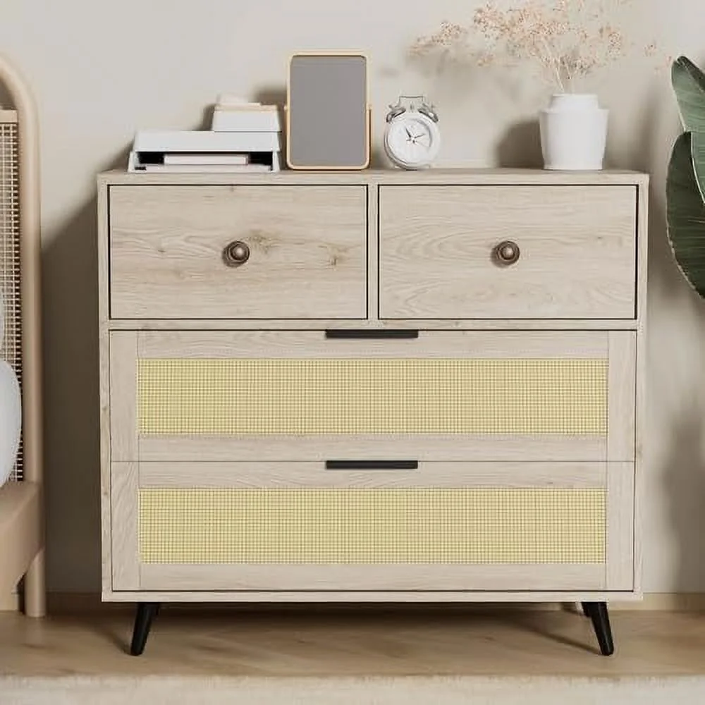JYHOME Small 3 Drawer Dresser  Mid-Century Modern Rattan Dresser Chest with Metal Handles  Wood  Cabinet of Drawers for Bedroom  Living Room  Hallway