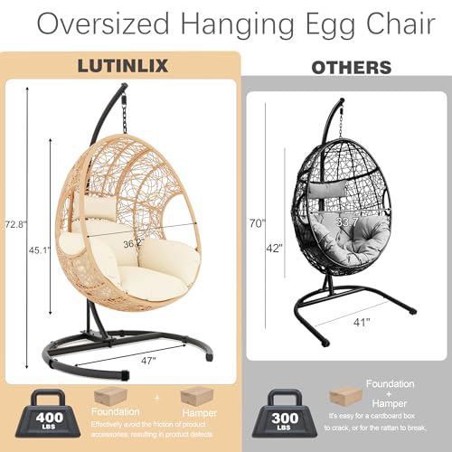 Oversized Hanging Egg Chair Outdoor Indoor, Wicker Swing Egg Chair with Stand 400lbs Capacity for Bedroom, Patio, Garden and Balcony (Beige-nest