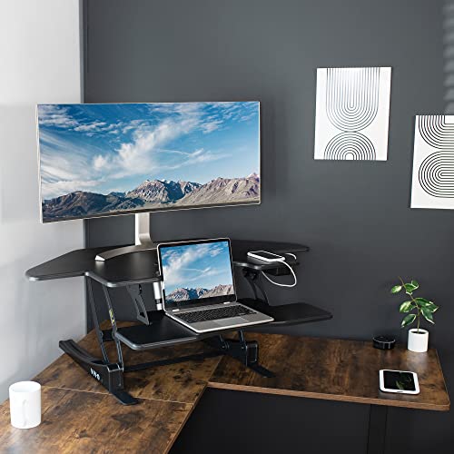 VIVO 43 inch Corner Electric Height Adjustable Cubicle Stand Up Desk Converter, VE Series, Sit to Stand Tabletop Dual Monitor Riser with USB Port