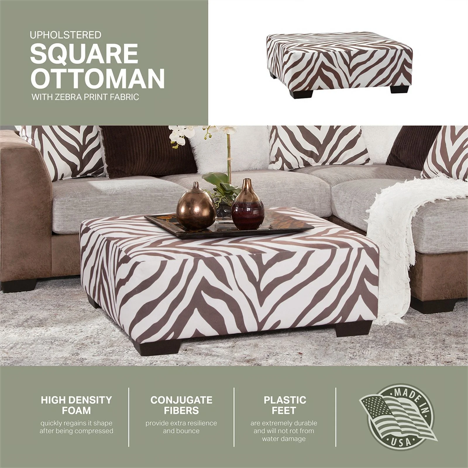 American Furniture Classics Model 08CTA-A413V2 Square Arm Series Brown and White Zebra Upholstered Ottoman