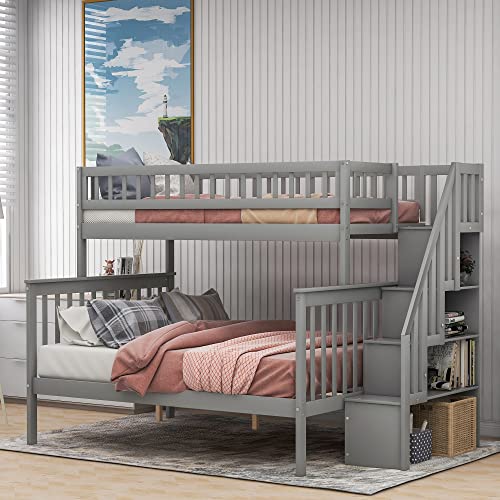 Harper & Bright Designs Bunk Beds Twin Over Full Size, Bunk Bed with Trundle,Storage Shelf and Stairway
