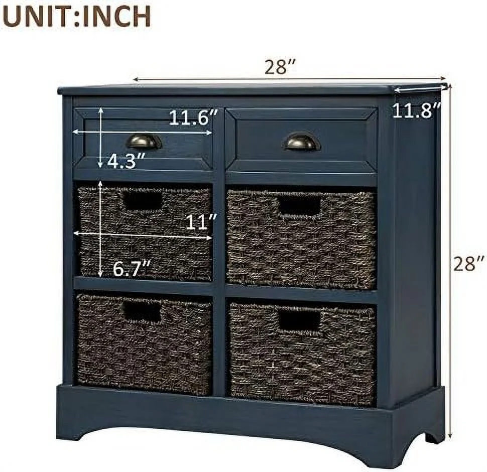HOOMHIBIU Farmhouse Wicker  Cabinet with 2 Drawers and 4 Baskets  Living Room Bedroom Wooden Chest of Drawers  Fully Assembled  28" W x 11.8"