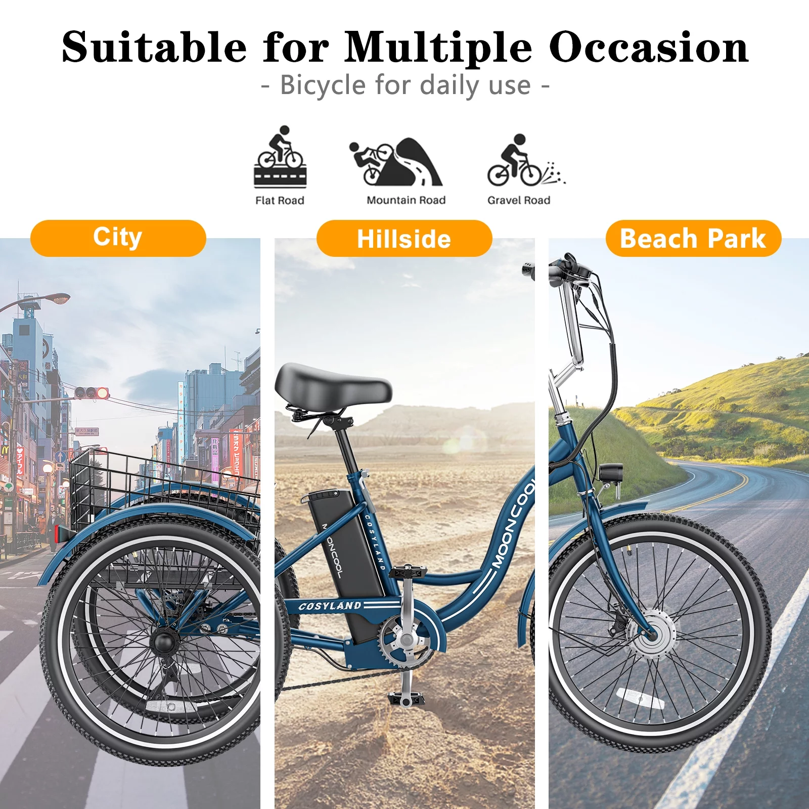 MOONCOOL 350W Motorized Electric Trike, 7 Speed 3 Wheel Electric Bicycle with 36V 14.5Ah Lithium Battery UL Certified