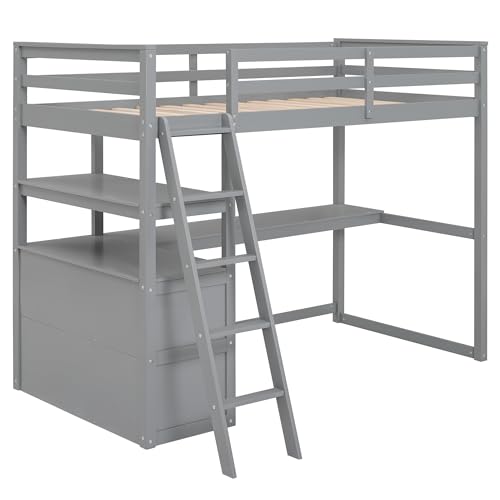 Full Size Loft Bed with Desk & Wardrobe, Solid Wood Kids Loft Bedframe w/3 Storage Drawers & 2 Shelves, Maximum Space Design, for Bedroom, Dorm, Gray