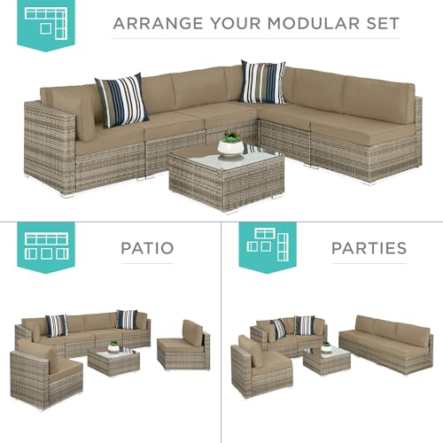 Best Choice Products 7-Piece Modular Outdoor Sectional Wicker Patio Conversation Set w/ 2 Pillows, Coffee Table, Cover Included - Gray/Navy