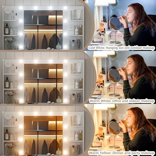 55" W Vanity Desk, Makeup Vanity with Charging Station, 15 Drawers with Lighted Mirror, 3 Lighting Modes, Brightness Adjustable, Glass Top