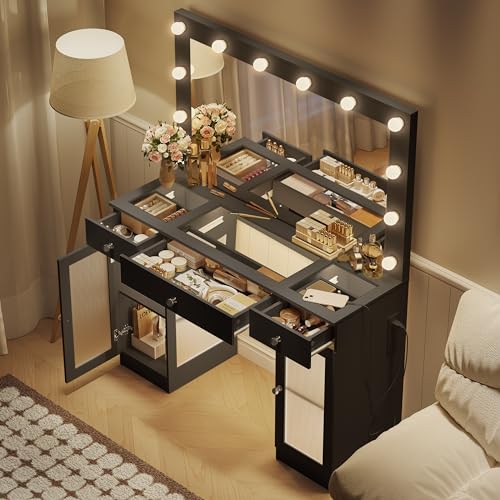 Vanity Desk with Large Mirror and Lights, Glass Top Makeup Vanity with Lights & Power Outlet for Bedroom, 3 Color Lighting Modes