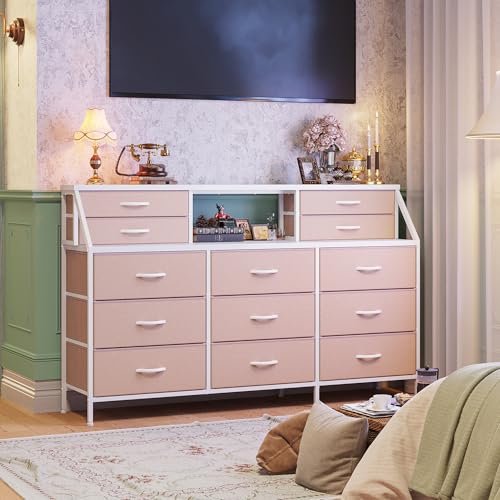 55" W Dresser for Bedroom, Dressers & Chests of Drawers with 13 Fabric Drawers and 2 Open Shelves, Long Vanity Dressers for Bedroom & Closet