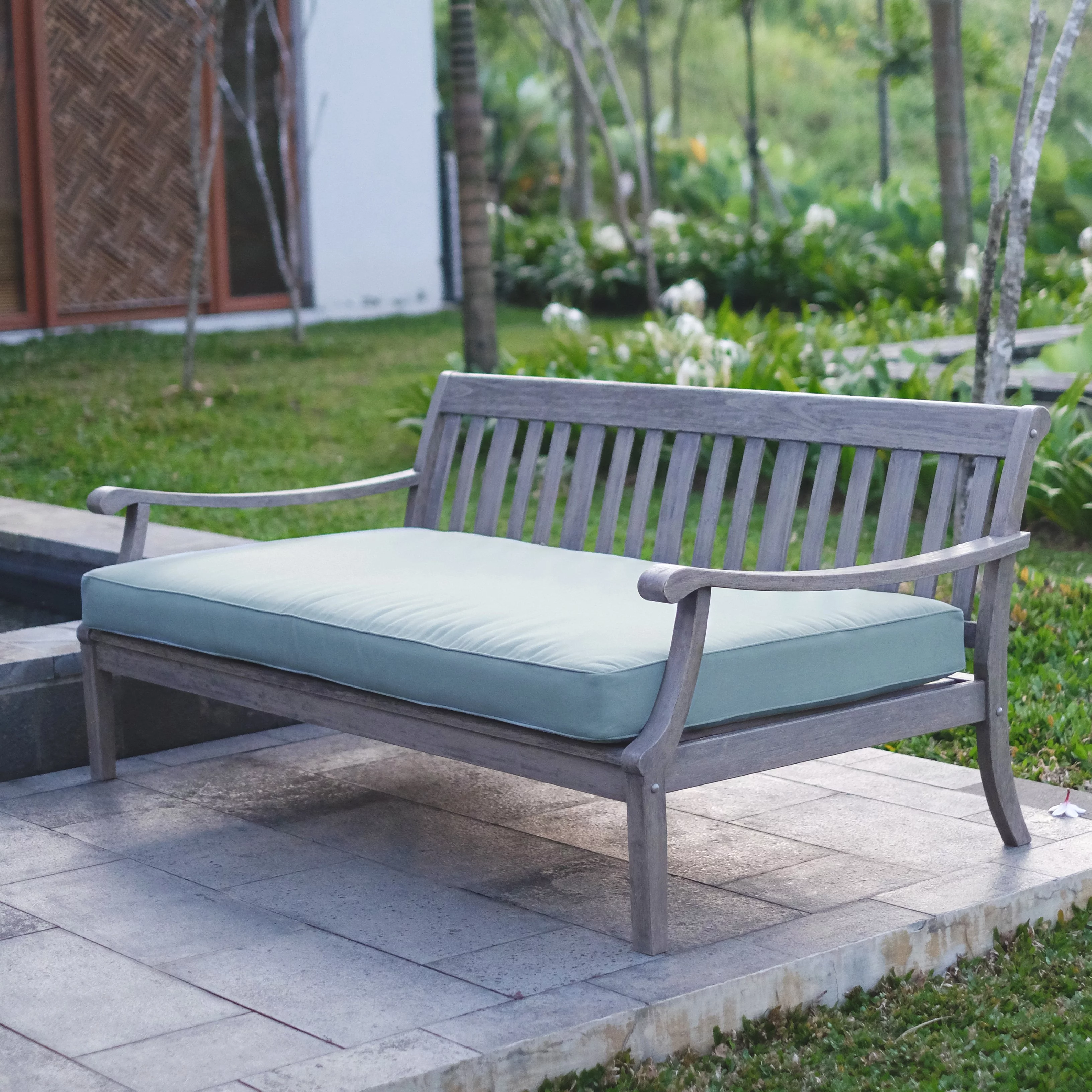 Alston Wood Outdoor Sofa Daybed with Blue Spruce Cushion