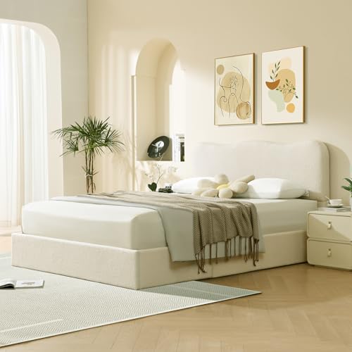 VELOCAVA Queen Size Lift-Up Storage Bed, Upholstered Boucle Bed with Curved Headboard, Rounded Corners, Sturdy Wooden Slat Support
