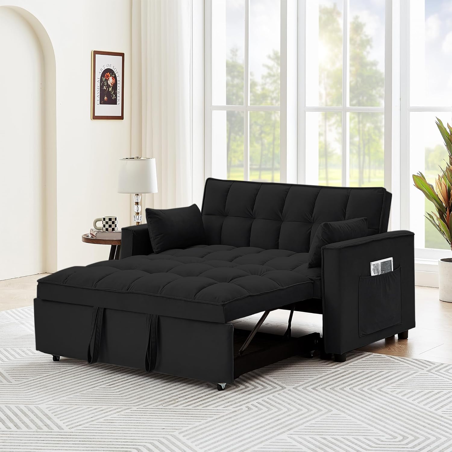 55" Full Size Pull Out Couch-3 in 1 Convertible Futon Sofa Bed, Fluffy Velvet Loveseat Sofa Cama, Foldable Lounge Sleeper Sofa with Pullout Bed