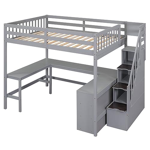 Full Size Loft Bed with Desk & Wardrobe, Solid Wood Kids Loft Bedframe w/3 Storage Drawers & 2 Shelves, Maximum Space Design, for Bedroom, Dorm, Gray