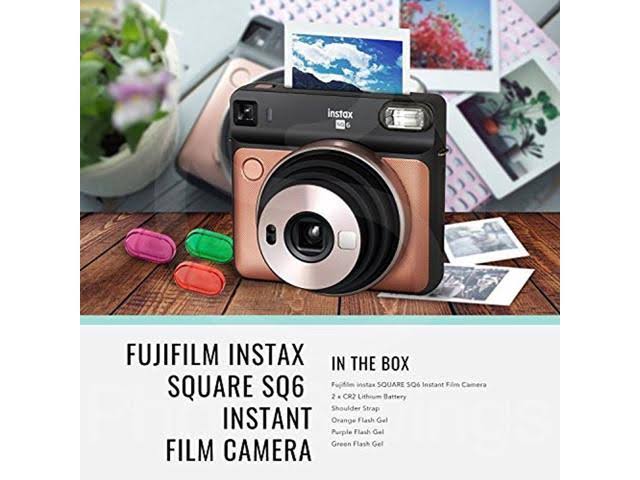 Fujifilm Instax Square SQ6 Instant Film Camera (Blush Gold) + 20 Sheets Instant Square Film + Xpix Camera Strap + Fibertique Clo