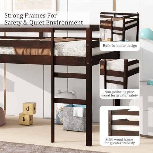 Low Loft Bed Twin Size, Kids Solid Wood Modern Loft Bed Frame with Ladder and Safety Guardrail for Girls Boys, Noise-Free,Non-Toxic Finishes