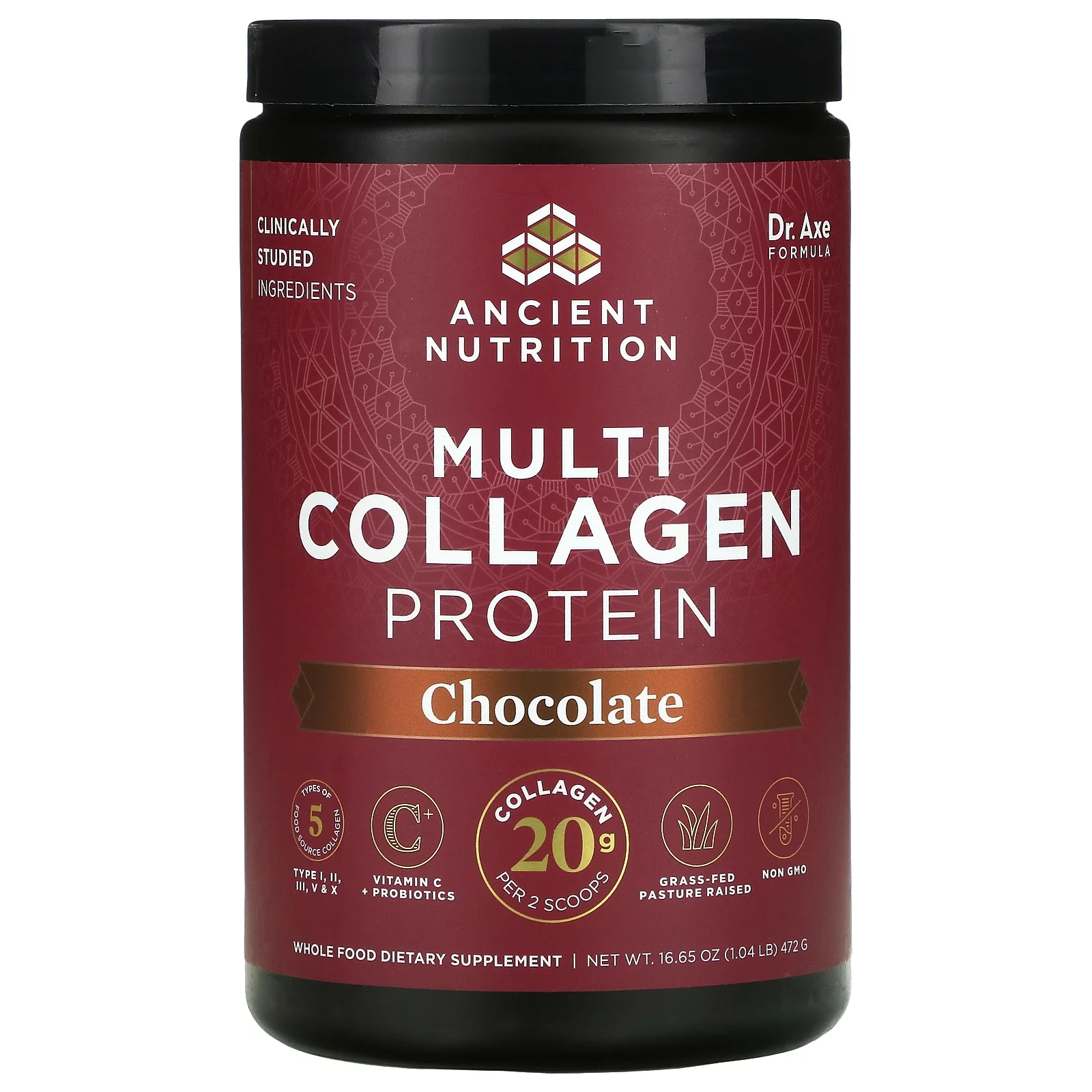 Dr. Axe / Ancient Nutrition, Multi Collagen Protein, Chocolate, 1.04 lb (472 g) Pack of 2