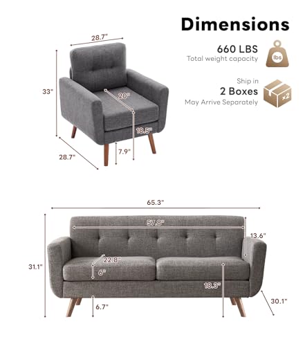 Tbfit L Shaped Couch Sofa, 80" W Mid-Century Modern Sectional Couches, 3 Seater Sofas with Wide Chaise Lounge & Two Pillows