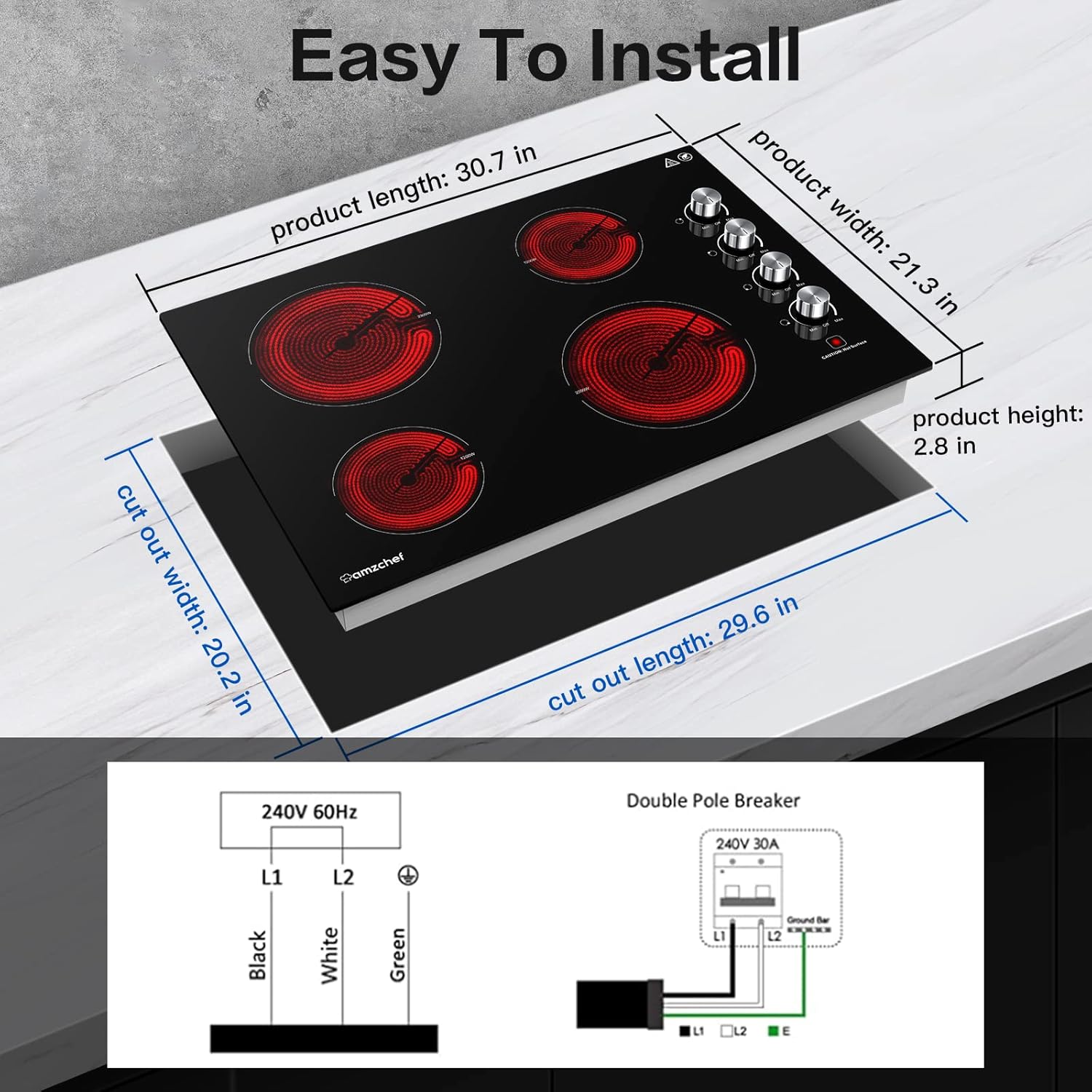 AMZCHEF Electric Cooktop 30 Built-in Electric Burner with 4 Burners, ETL Safety Certified, Power Control by Knob