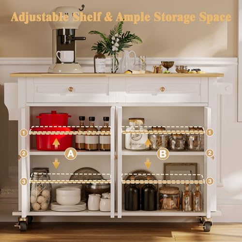 67’’ Movable Kitchen Island with Drop Leaf and Power Outlet, Lockable Sliding Countertop Rolling Island Cart with 2 Large Drawers, Spice, Towel Rack