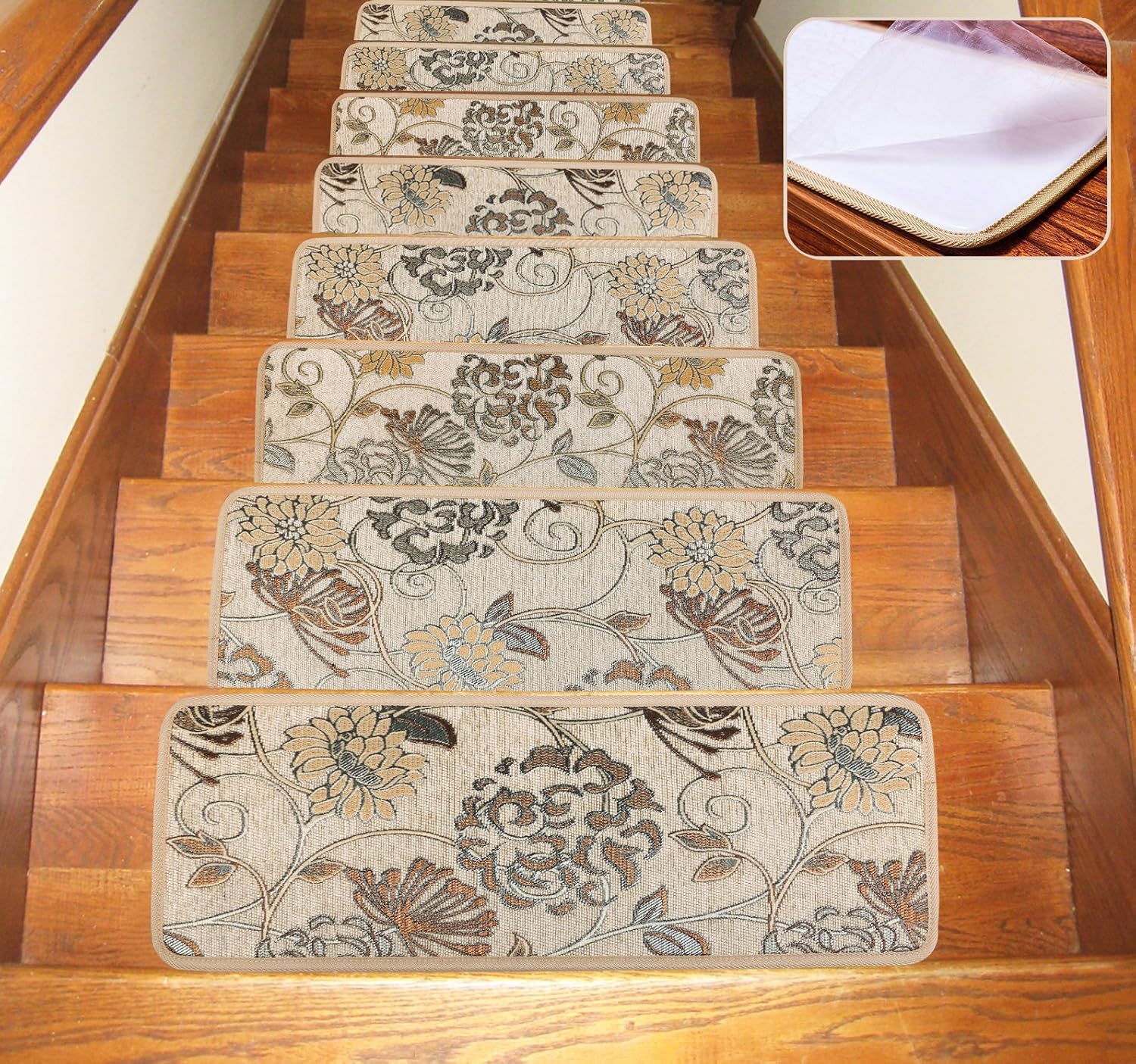 Seloom Blue Non-Slip Stair Treads Carpet with Skid Resistant Rubber Backing and Modern Moroccan Diamond Trellis Design for Indoor Wooden Steps