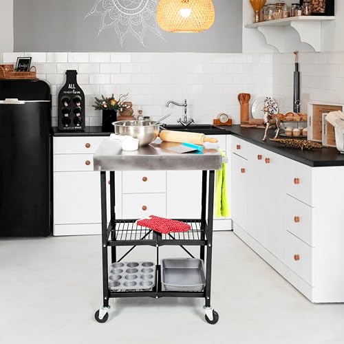 Origami Folding Kitchen Cart on Wheels, 3-Tier Foldable Rolling Cart - Chefs Outdoor Cart for Wine and Food, Microwave Cart, Plating Shelf