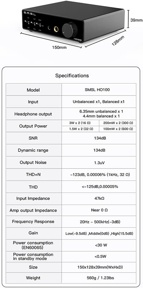 SMSL HO100 Balanced Headphone Amplifier 3000mW×3000mW RCA/XLR Input 6.35mm/4.4mm Balanced Headphone Output HiFi Home Audio Headphone Amp with Gain
