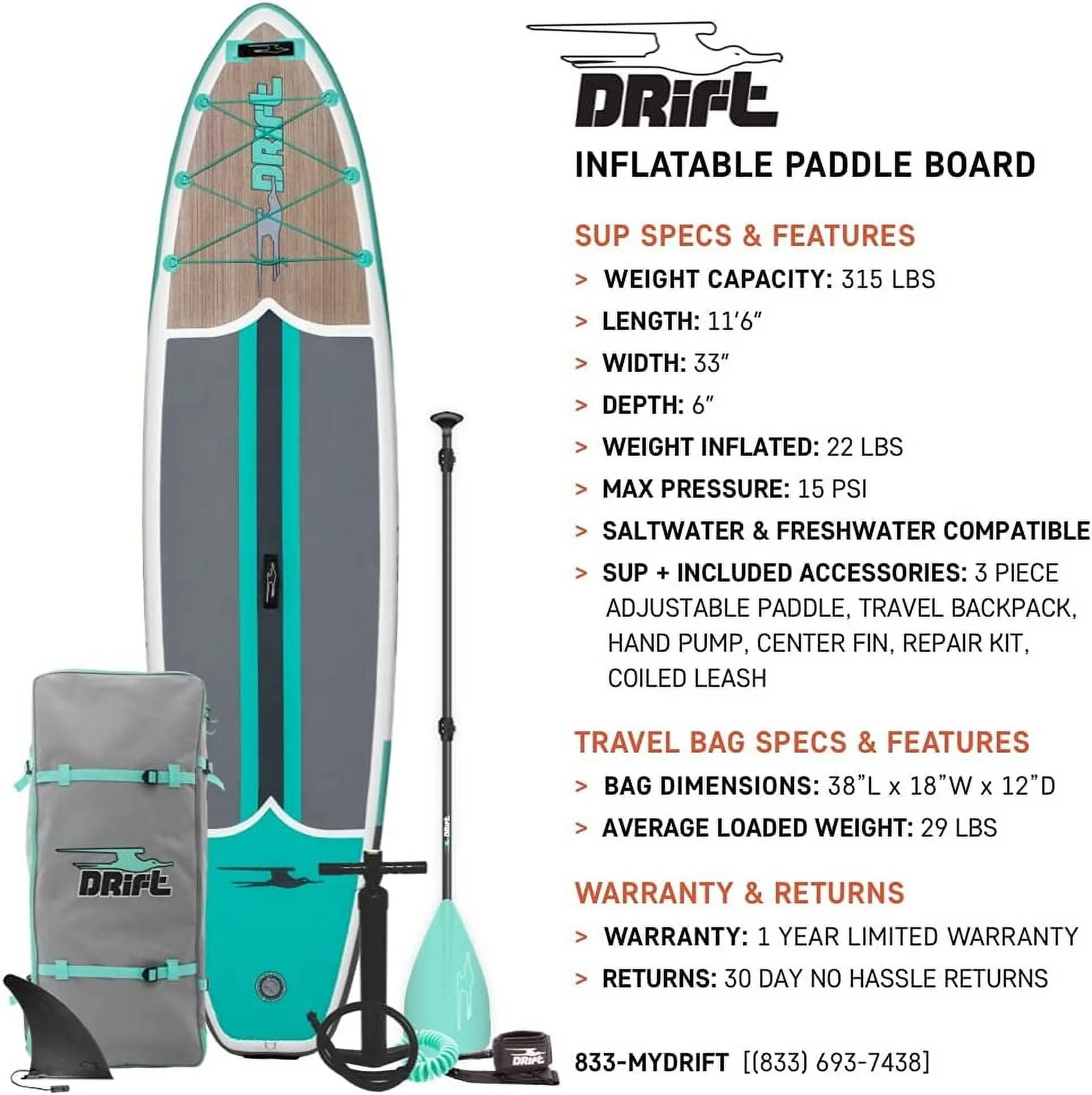 Drift Inflatable Stand Up Paddle Board - SUP Paddle Board and Accessories, Including Pump, Paddle, and More - Classic Woodgrain, Adult, 11'6