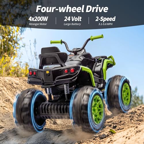Shark Kids ATV 4 Wheeler, 24V 4WD Electric ATV Ride On Toy for Big Kids, 4X200W Motor, 5.6Mph Max Speed - Green