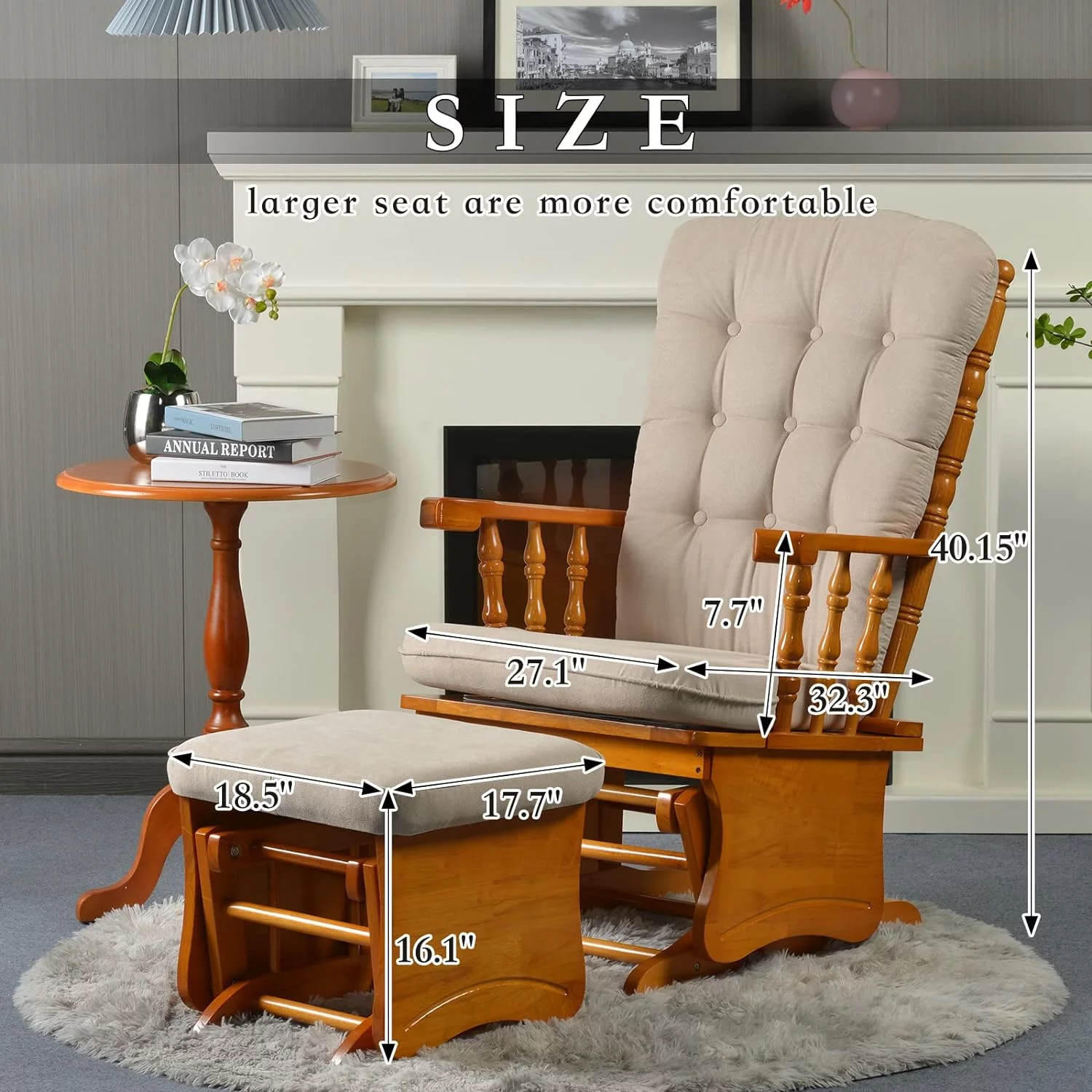 Rustic Glider Chair for Nursery with Ottoman, Resistant Rubber Wood Nursery Glider and Ottoman Sets for Relaxing