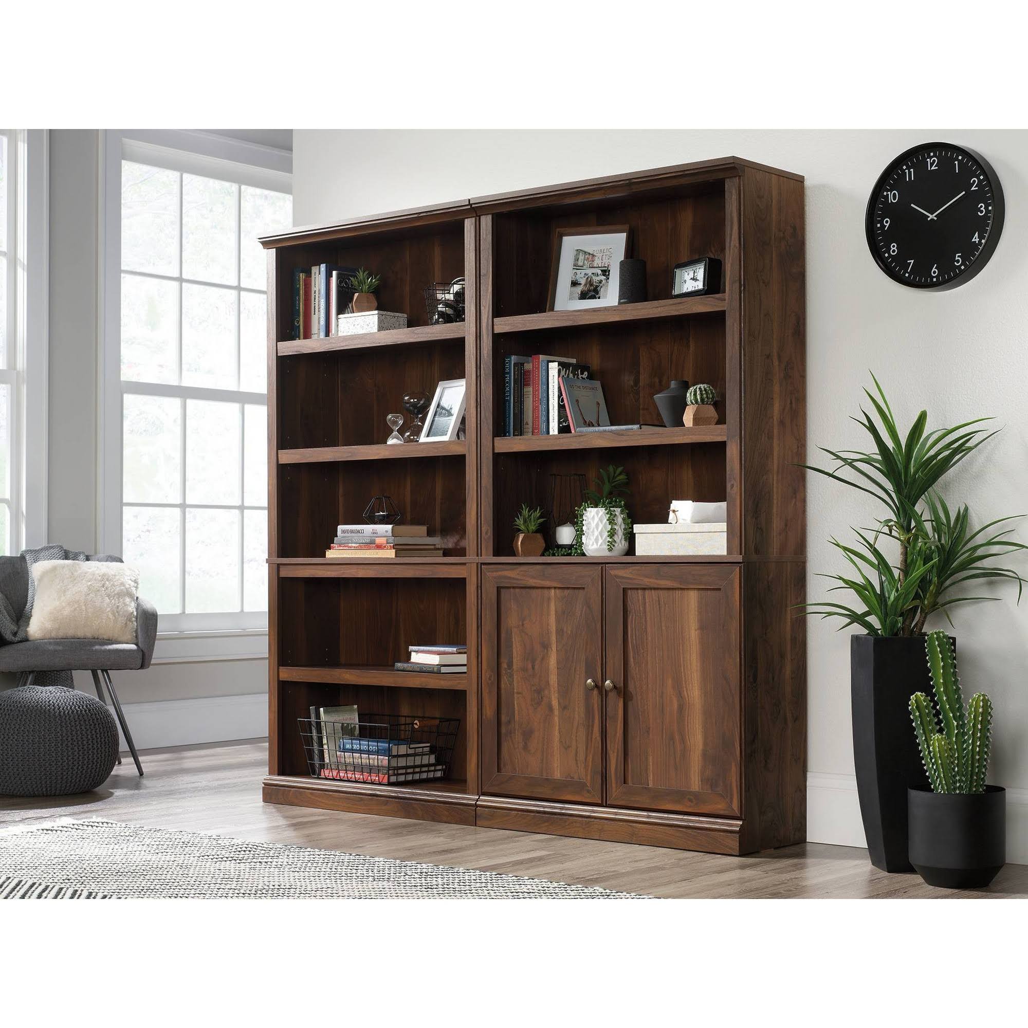Sauder 5-Shelf Bookcase with Doors in Grand Walnut