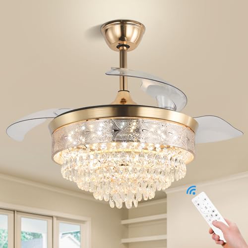 42'' Dimmable Fandalier Crystal Ceiling Fans LED Retractable Ceiling Fandeliers Chandelier with Light and Remote Ceiling Fan for Bedroom