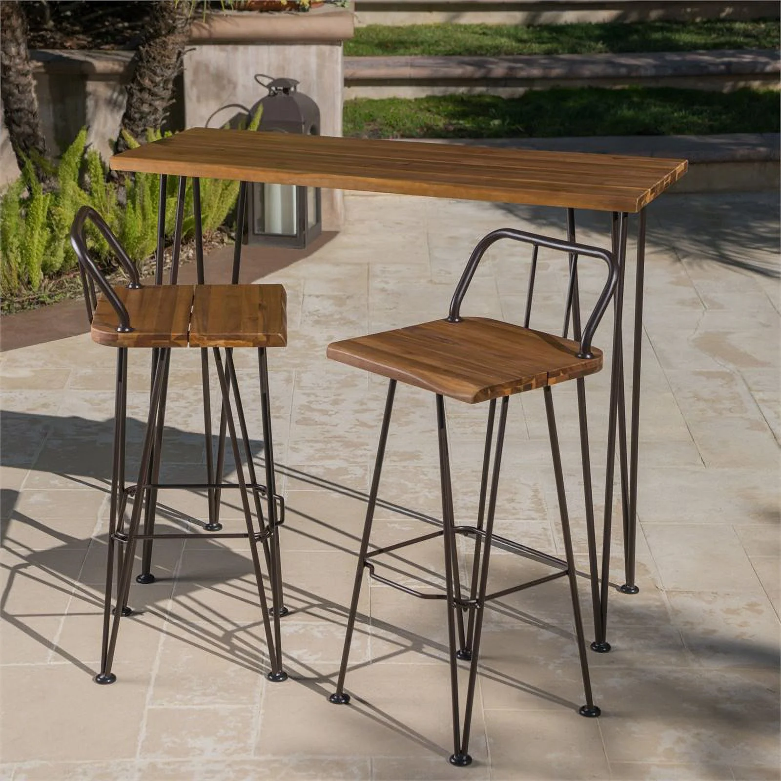 Noble House Denali Outdoor Teaked Acacia Wood Bar Set with Metal Iron Frame