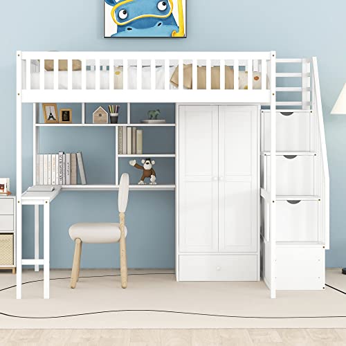 Twin Loft Bed with Staircase, Desk and Wardrobe, Wood Loft Bed with Storage Shelves and Safety Guardrail