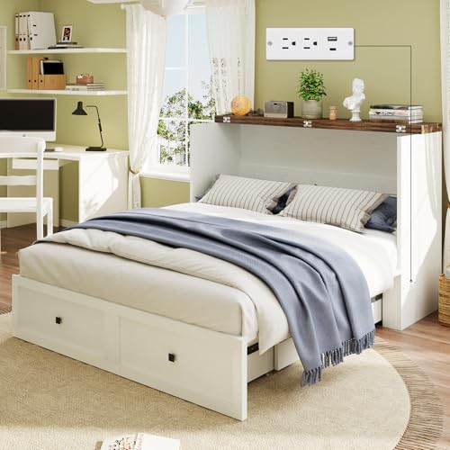 Full Size Murphy Bed with Charging Station, Cabinet Bed with Large Storage Drawer for Home Office or Small Room, Full Foldable Platform Bed, White