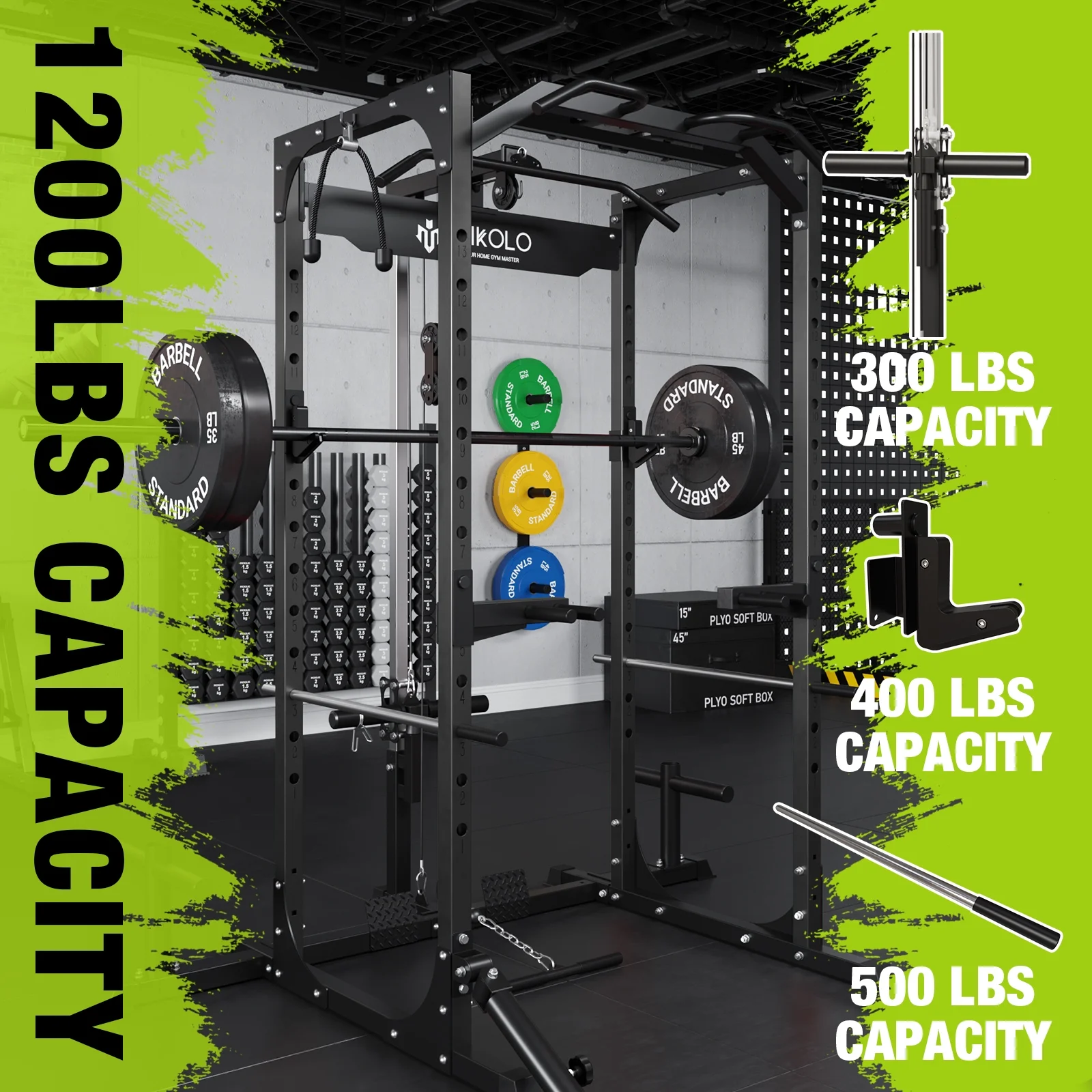 Mikolo Power Rack Cage with LAT Pulldown System,1200LBS Capacity Power Rack, Multi-Functional Squat Rack with 13-Level Adjustable Height and J-Hooks