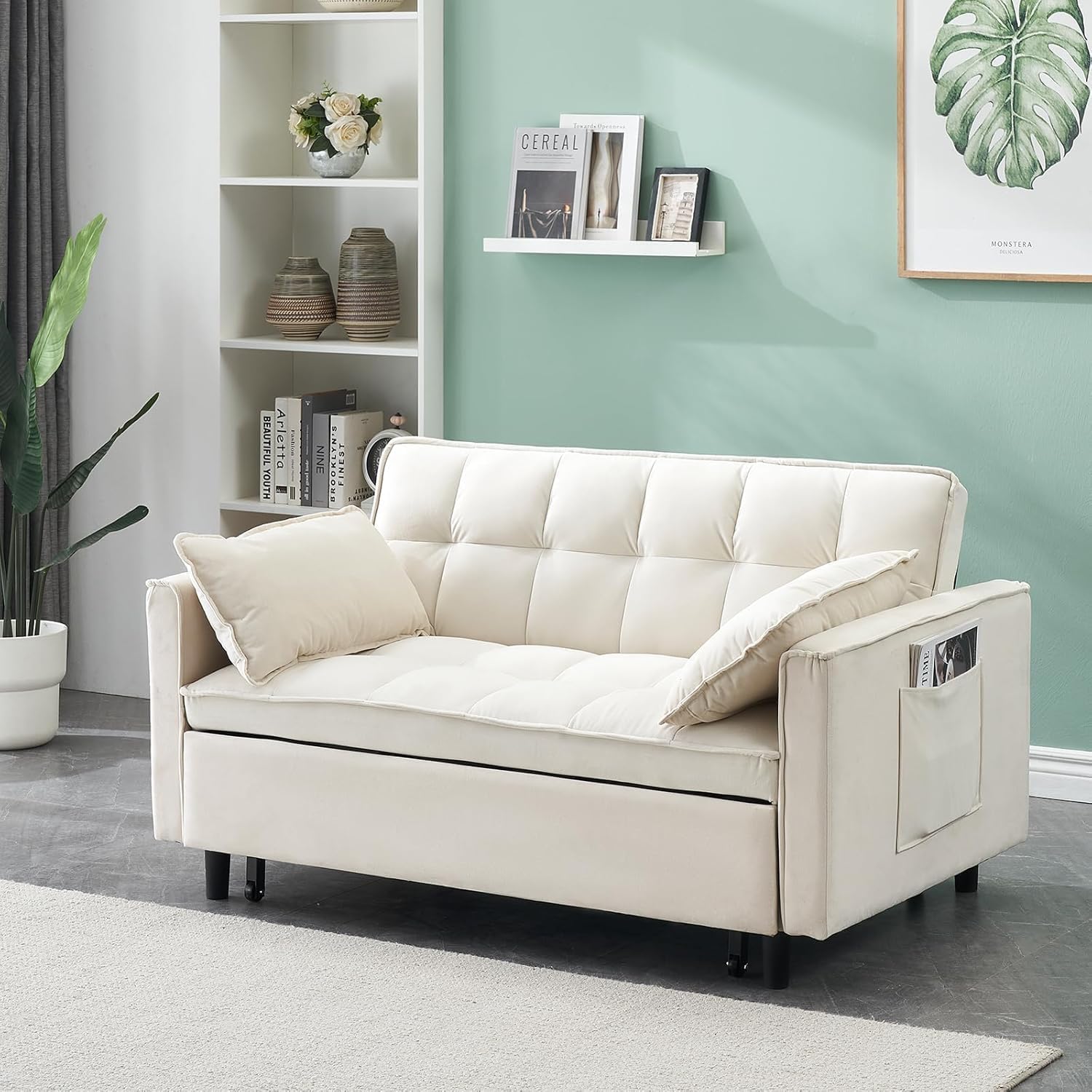 3 in 1 Sleeper Sofa Couch Bed, Velvet Convertible Sofa Bed with Armrests, Storage Pockets & 2 Pillows