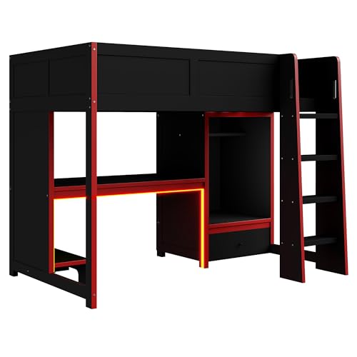 Modern Full Size Gaming Loft Bed with Built-in Desk and Storage Wardrobe, Wood Loft Bed Frame with Light Strip and 2 Drawers