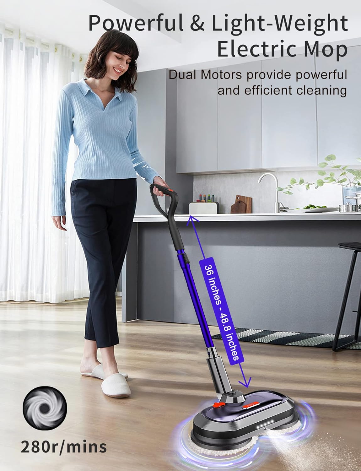 Electric Mop, Cordless Electric Mop, with Detachable Battery & 300ml Water Tank, Spin Mop with LED Headlight and Sprayer, for Hardwood, Tile