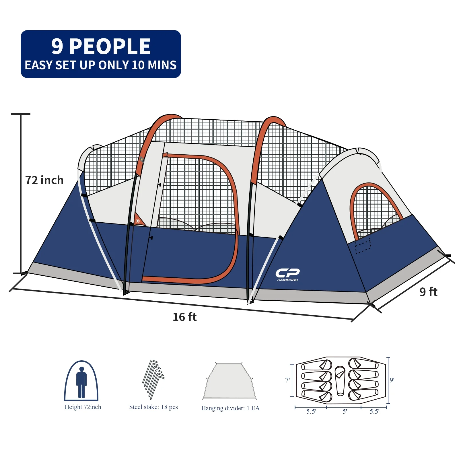 CAMPROS 9 Person Camping Tent, Easy Set up Waterproof Tent, Room Divider, Blue