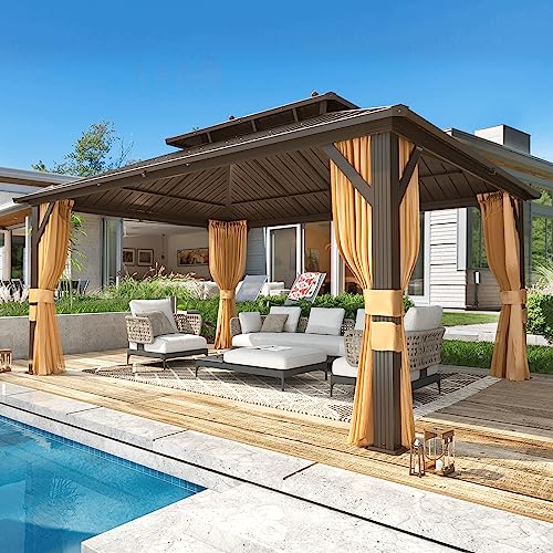 MELLCOM 10'x13' Hardtop Gazebo with Polycarbonate Double Roof, Aluminum Frame Outdoor Gazebo Permanent Pavilion with Curtains and Netting for Patio