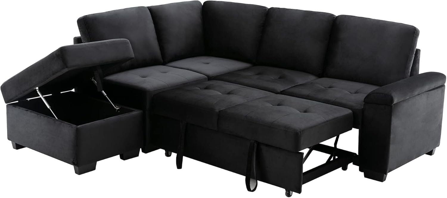 XD Designs Modern Reversible Sleeper Sectional Sofa, L-Shape Corner Couch, Pull Out Sofa-Bed Couch with Storage Ottoman and Hidden Arm Storage