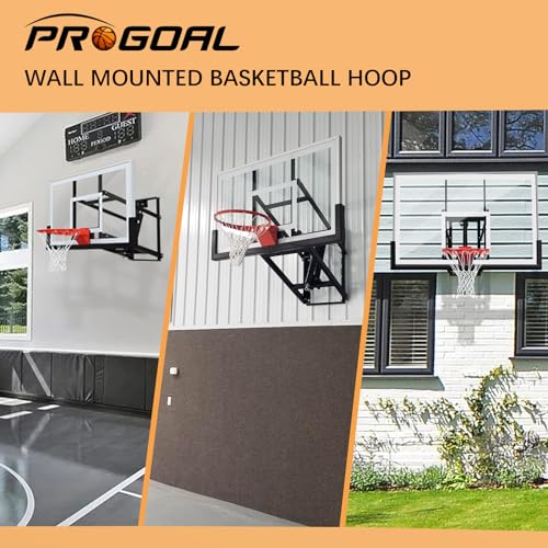 PROGOAL Basketball Hoop Garage Wall Mounted Adjustable-Height, with 60''x36''Tempered Glass Backboard, Pro-Style Breakaway Rim