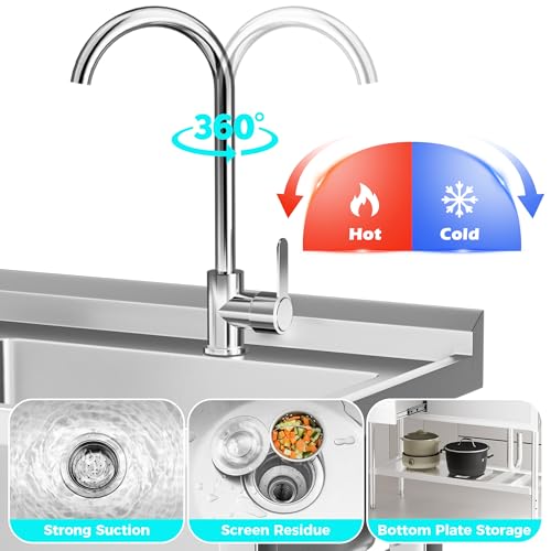 47" 304 Stainless Steel Utility Sink, Free-Standing Commercial Sink with Workbench, Drawer Storage & Hot/Cold Water Pipes for Laundry