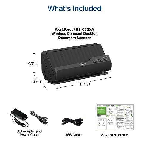 Epson - Workforce ES-C320W - Wireless Compact Desktop Document Scanner - 2-Sided Scanning and Auto Document Feeder - Paper and Card Scanner - Black