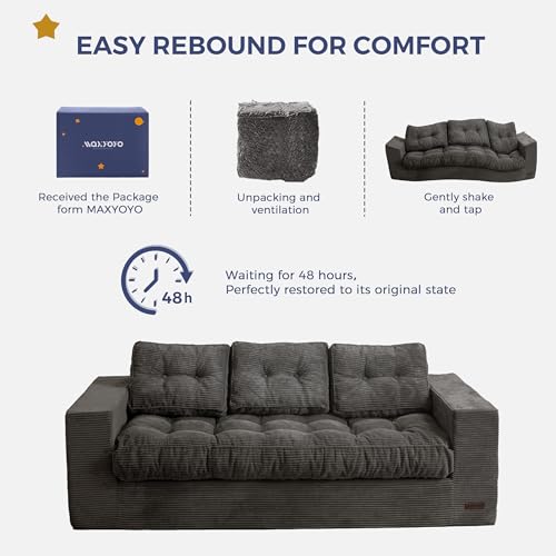 MAXYOYO 3 Seater Couch for Living Room, Boneless Couch with Tufted Cushion & Backrest, Upholstered Floor Sofa with Armrests, Sofa in A Box