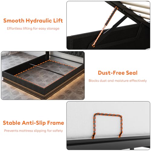 Queen Bed Frame with Storage - Lift Up Queen Size Bed Frame with Headboard, Upholstered Platform Bed with LED Lights & Charging Station