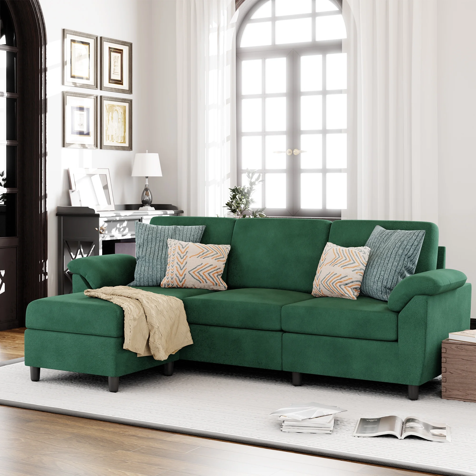 Walsunny 79 Convertible Sectional Sofa Couch,Linen Fabric L Shaped Sofa with Removable Pillows Dark Gray