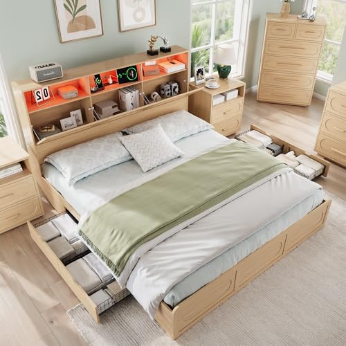 Queen Bed Frame with 47" Storage Headboard, Queen Size Wood Bed Frame with 4 Storage Drawers, Built-in Charging Station & LED, Solid Wood Slats