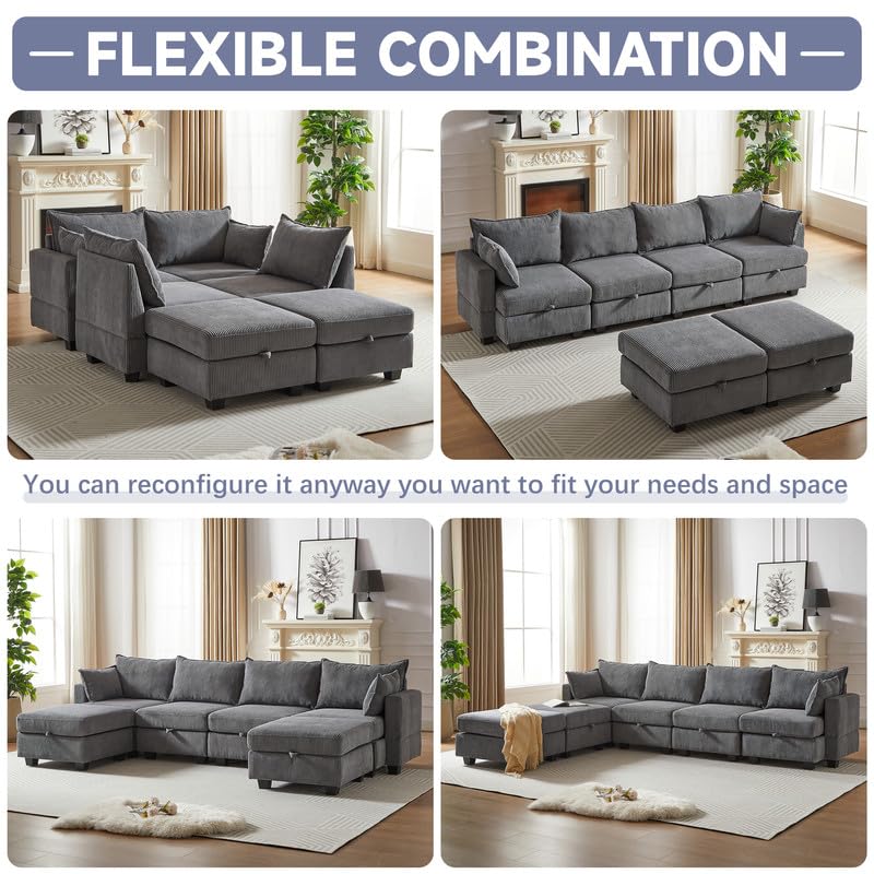 U Shaped Modular Sectional Sofa Couch, Corner Sofa with 4pcs Waist Pillows, Chaise Lounge, Terrycloth Fabric Sofa