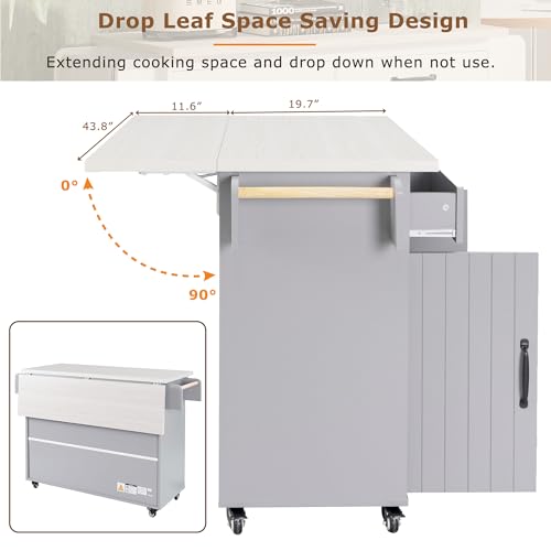 Farmhouse Kitchen Island with Power Outlet, Drop Leaf, Spice Rack and Drawer,Rolling Kitchen Cart on Wheels