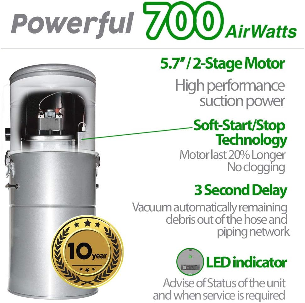 OVO 30ft Heavy Duty Powerful Central Vacuum System, Hybrid Filtration (with or Without Disposable Bags) 35L or 9.25Gal